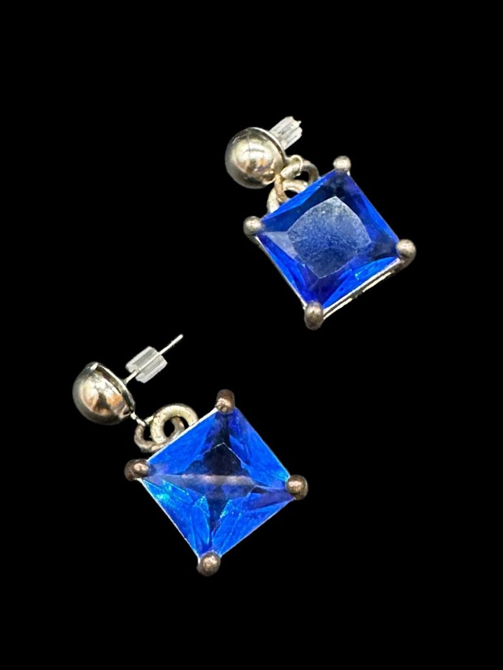 Vintage Pierced Earrings Silver Tone Square Sapphire Colour Large Stone
